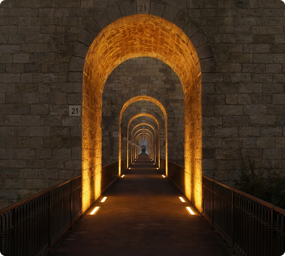 Inground luminaires lighting a vaulted colonnade