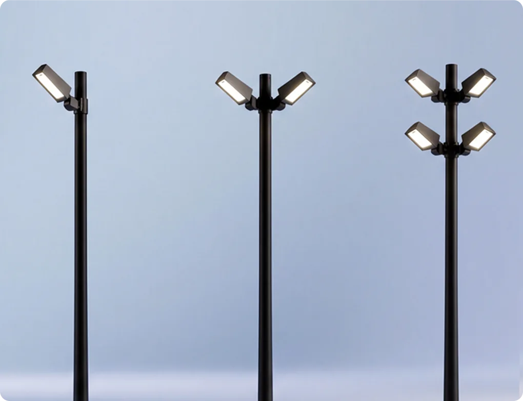 Pole luminaires with one, two and four heads