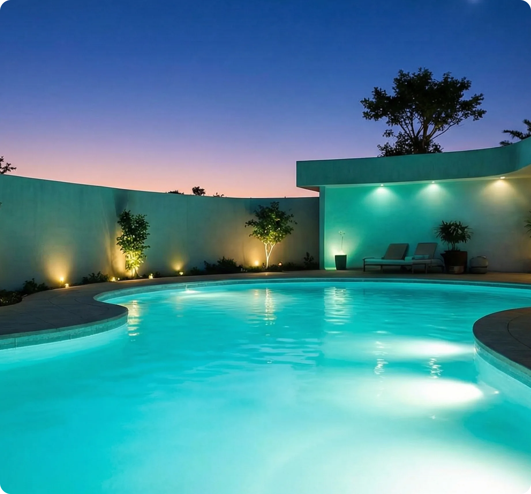 Pool lit by underwater luminaires at dusk