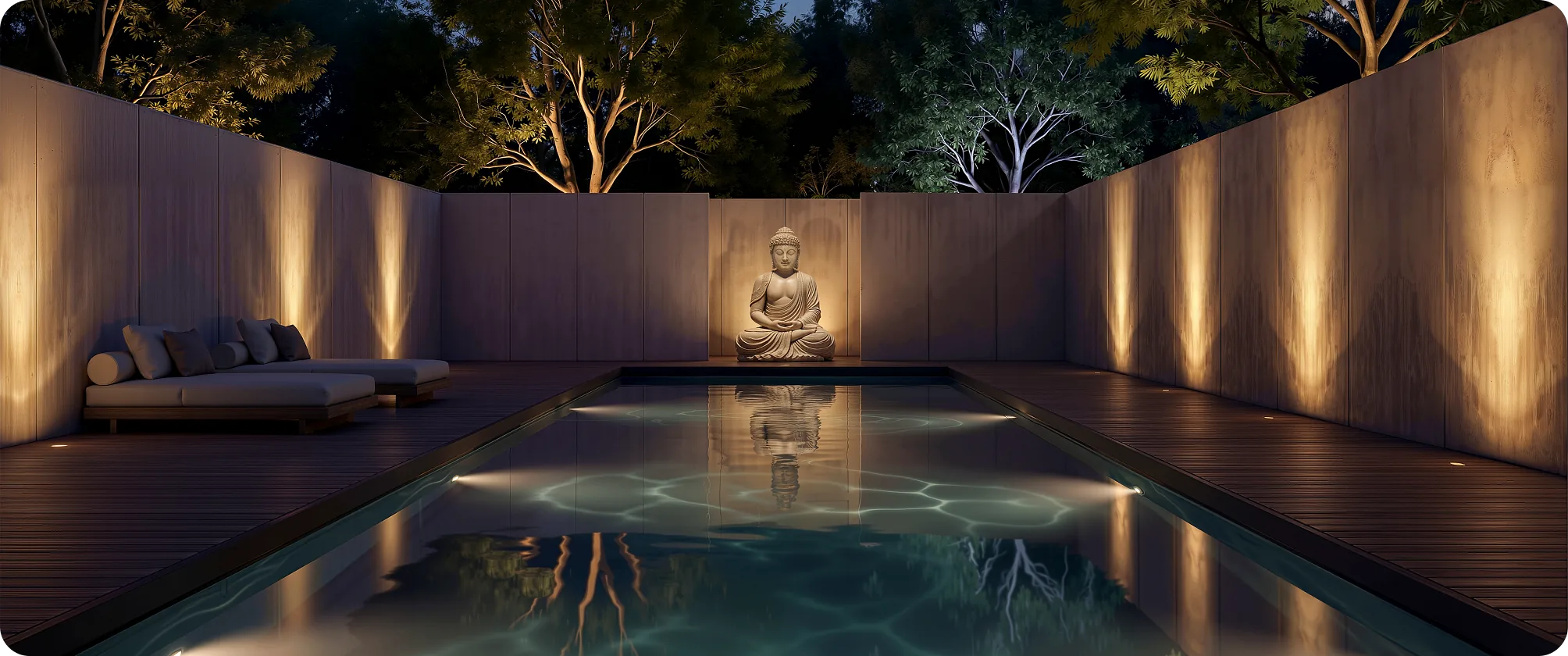 Pool lit at night with underwater and wall luminaires