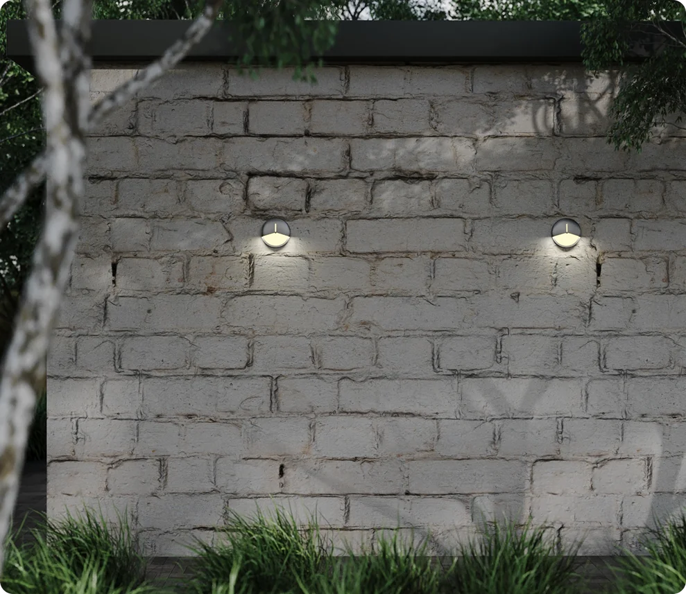 Recessed wall luminaires on a brick wall